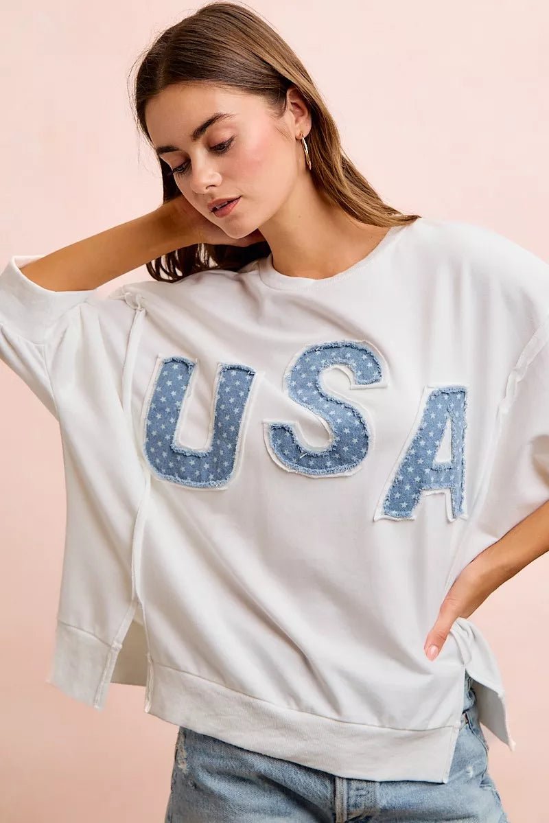 BiBi 4th Of July Usa Letter Patchwork French Terry Top - Bitsy Gypsy Boutique