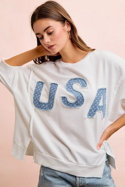 BiBi 4th Of July Usa Letter Patchwork French Terry Top - Bitsy Gypsy Boutique