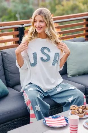 BiBi 4th Of July Usa Letter Patchwork French Terry Top - Bitsy Gypsy Boutique