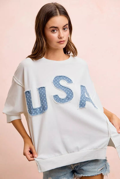 BiBi 4th Of July Usa Letter Patchwork French Terry Top - Bitsy Gypsy Boutique