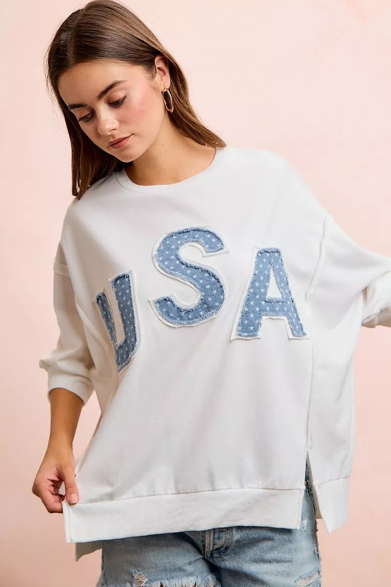 BiBi 4th Of July Usa Letter Patchwork French Terry Top - Bitsy Gypsy Boutique