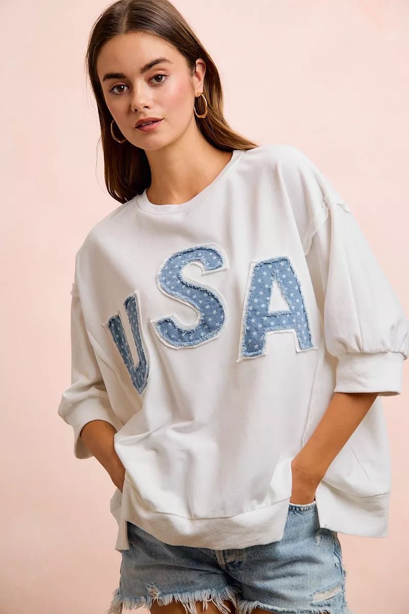 BiBi 4th Of July Usa Letter Patchwork French Terry Top - Bitsy Gypsy Boutique