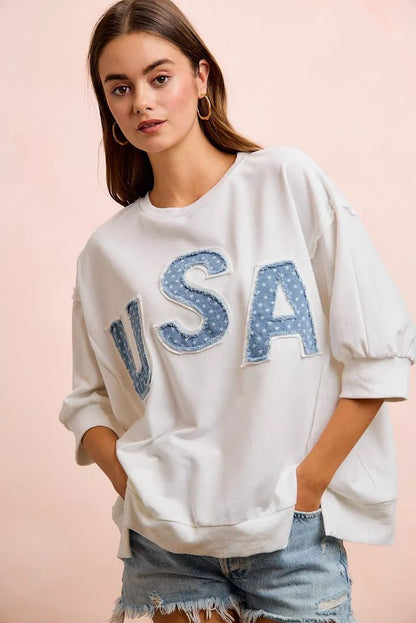 BiBi 4th Of July Usa Letter Patchwork French Terry Top - Bitsy Gypsy Boutique