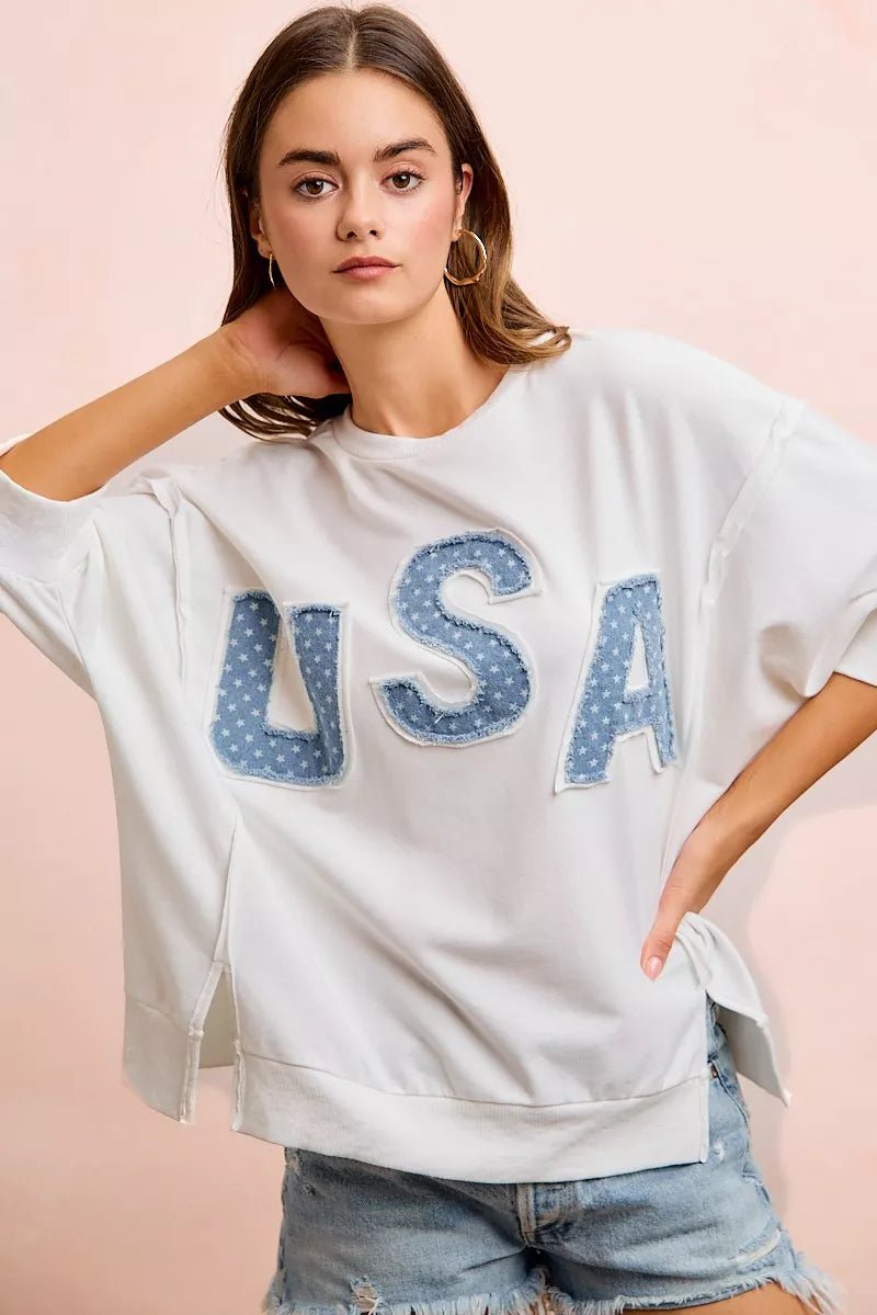 BiBi 4th Of July Usa Letter Patchwork French Terry Top - Bitsy Gypsy Boutique