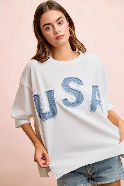 BiBi 4th Of July Usa Letter Patchwork French Terry Top - Bitsy Gypsy Boutique