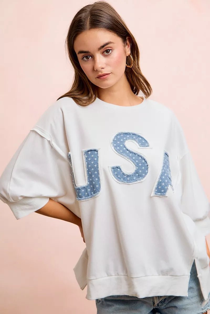 BiBi 4th Of July Usa Letter Patchwork French Terry Top - Bitsy Gypsy Boutique