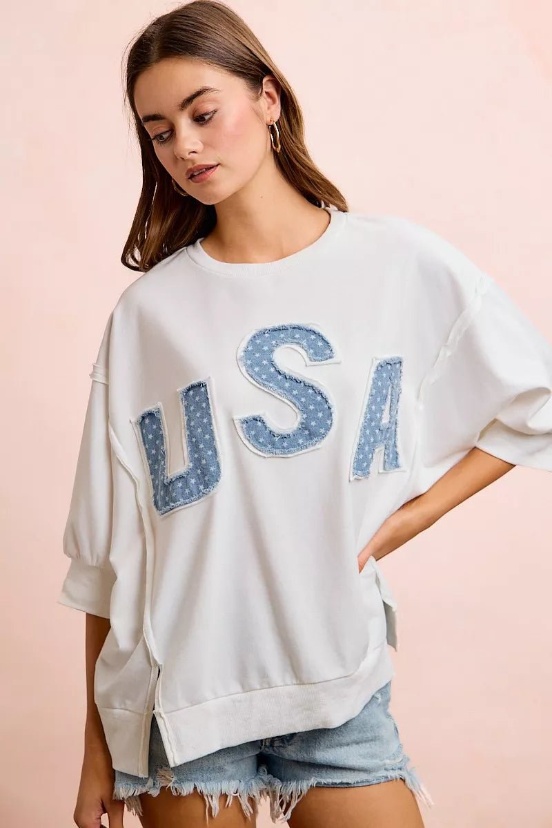 BiBi 4th Of July Usa Letter Patchwork French Terry Top - Bitsy Gypsy Boutique