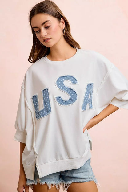 BiBi 4th Of July Usa Letter Patchwork French Terry Top - Bitsy Gypsy Boutique