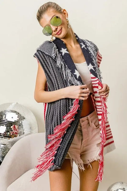 BiBi American Flag Fringe Edged Sweater Vest - Bitsy Gypsy Boutique
