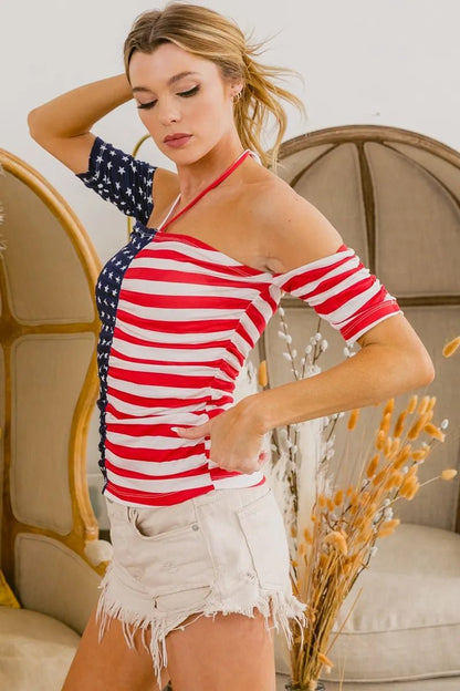 BiBi American Flag Off Shoulder With Front Ruched Top - Bitsy Gypsy Boutique
