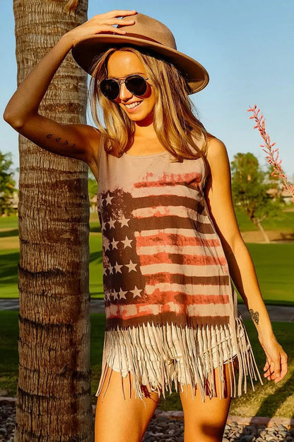 BiBi American Flag Print Knit Sleeveless Top - Bitsy Gypsy Boutique