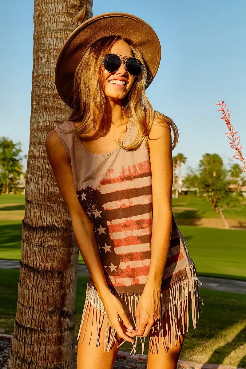 BiBi American Flag Print Knit Sleeveless Top - Bitsy Gypsy Boutique