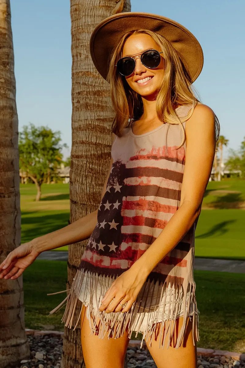 BiBi American Flag Print Knit Sleeveless Top - Bitsy Gypsy Boutique