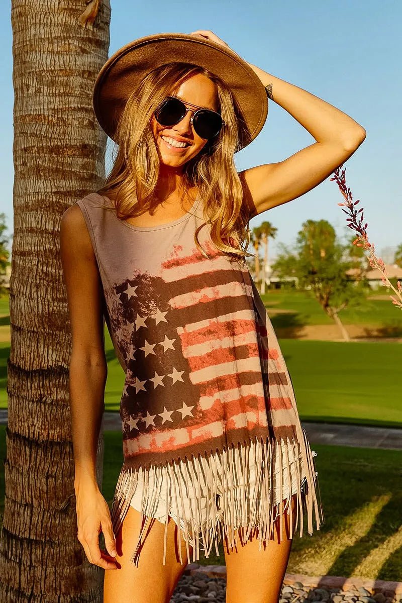 BiBi American Flag Print Knit Sleeveless Top - Bitsy Gypsy Boutique