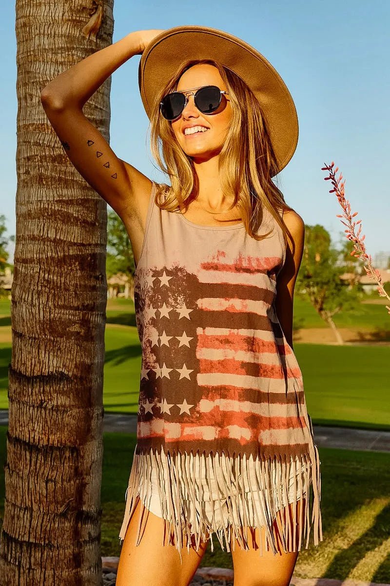 BiBi American Flag Print Knit Sleeveless Top - Bitsy Gypsy Boutique