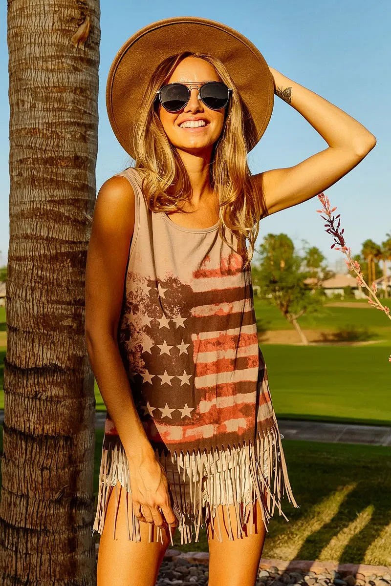 BiBi American Flag Print Knit Sleeveless Top - Bitsy Gypsy Boutique