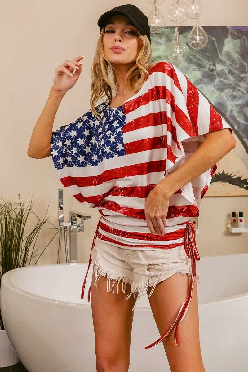 BiBi American Flag Printed Side Ruched Details Knit Top - Bitsy Gypsy Boutique
