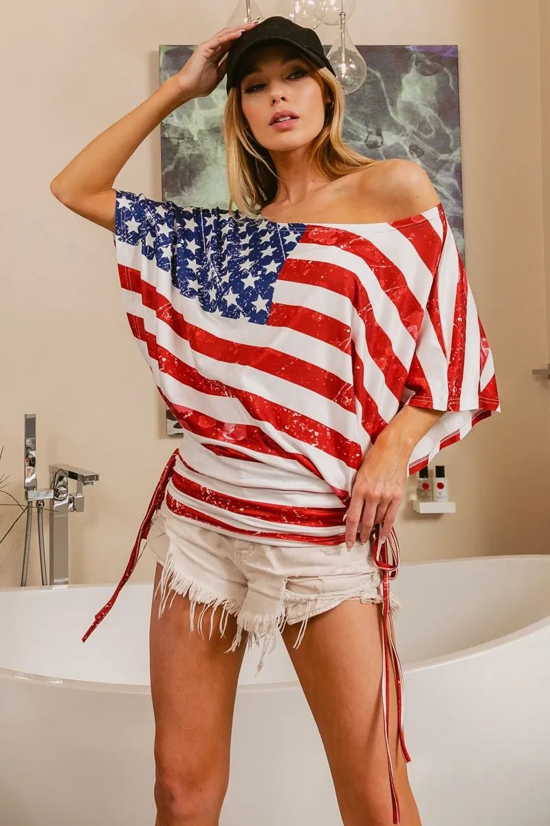 BiBi American Flag Printed Side Ruched Details Knit Top - Bitsy Gypsy Boutique