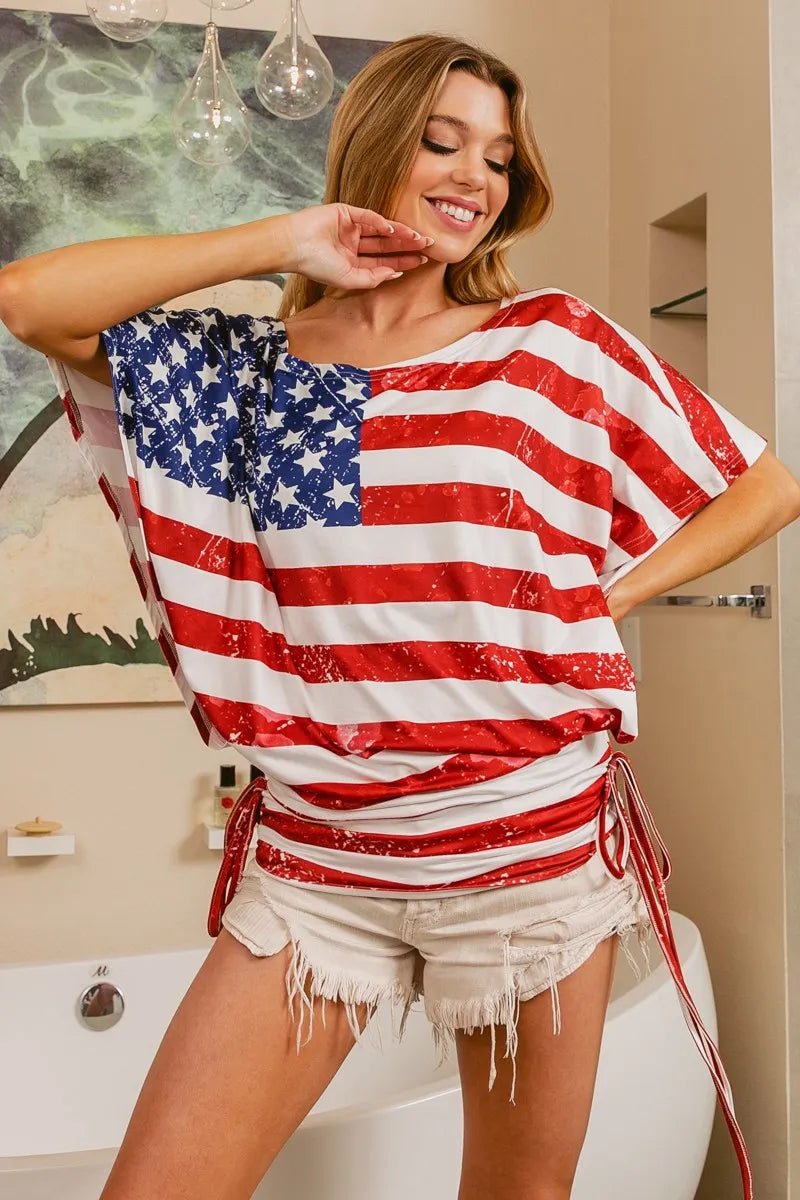 BiBi American Flag Printed Side Ruched Details Knit Top - Bitsy Gypsy Boutique