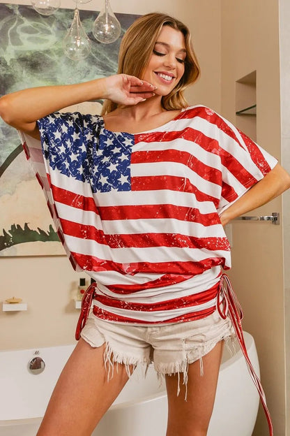 BiBi American Flag Printed Side Ruched Details Knit Top - Bitsy Gypsy Boutique