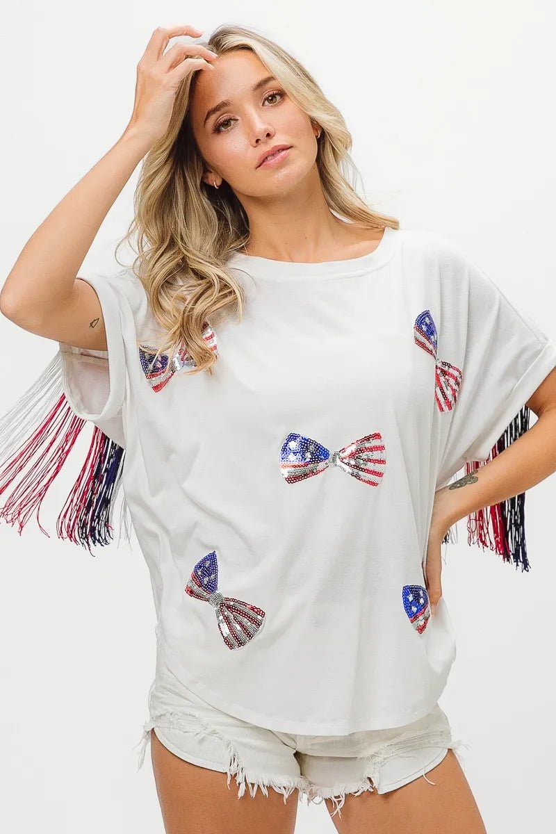 BiBi American Flag Sequin Ribbon T-Shirt - Bitsy Gypsy Boutique