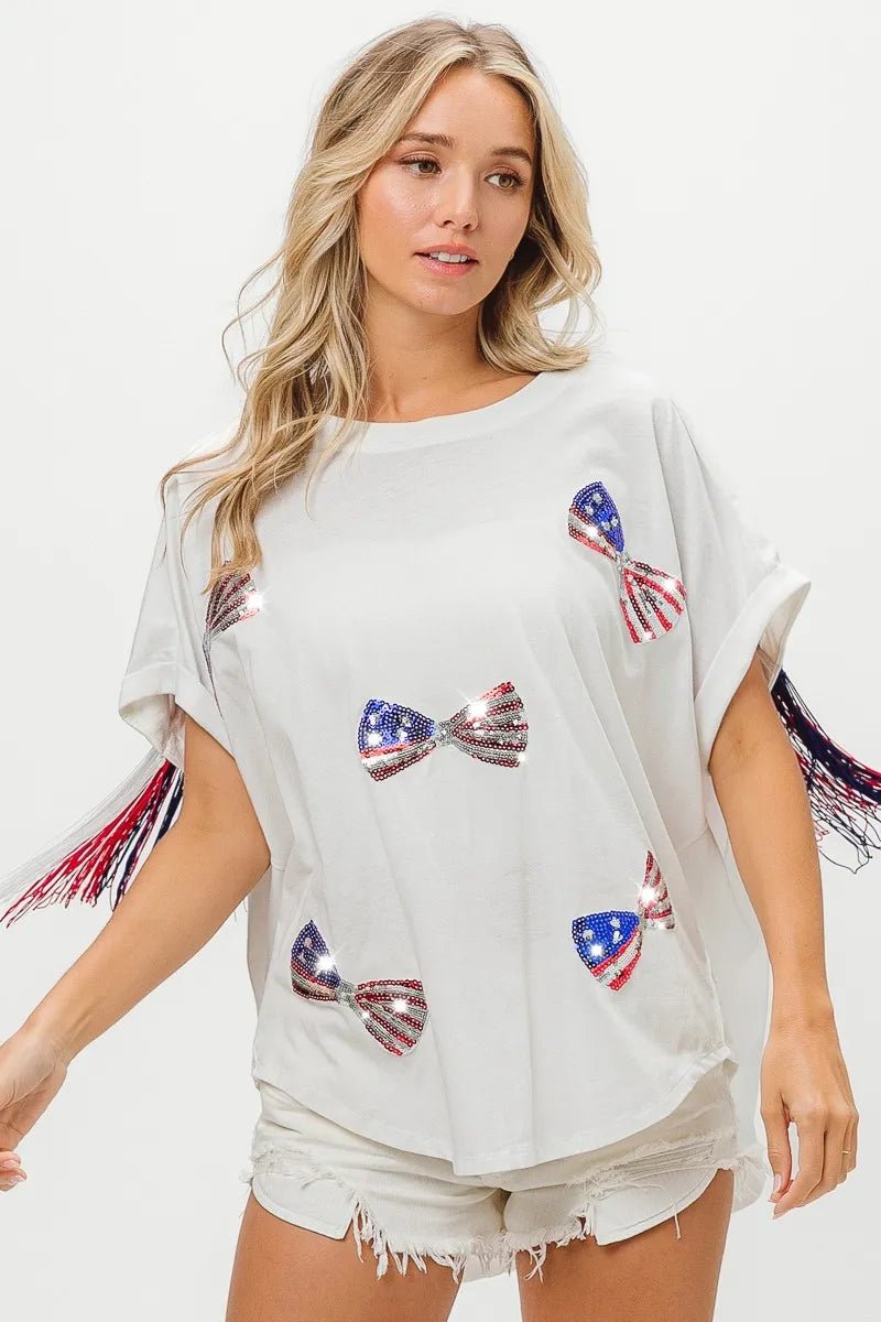 BiBi American Flag Sequin Ribbon T-Shirt - Bitsy Gypsy Boutique