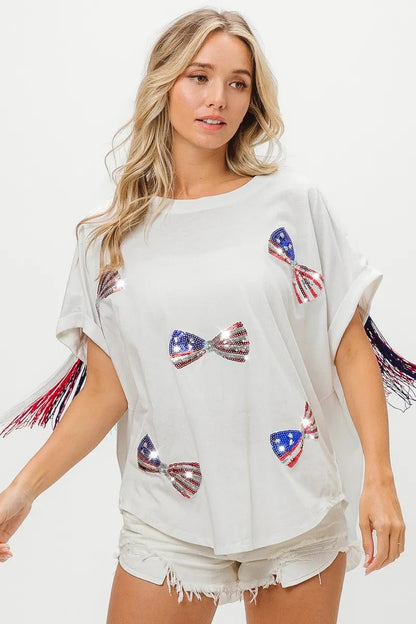 BiBi American Flag Sequin Ribbon T-Shirt - Bitsy Gypsy Boutique