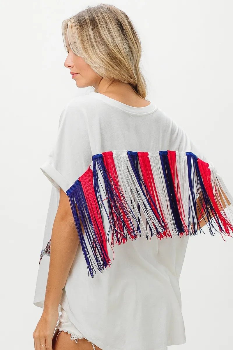 BiBi American Flag Sequin Ribbon T-Shirt - Bitsy Gypsy Boutique