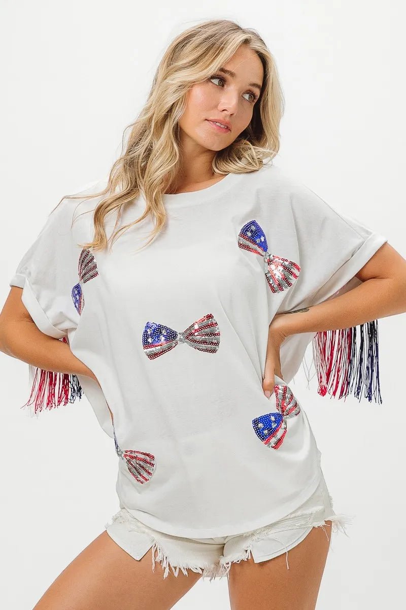 BiBi American Flag Sequin Ribbon T-Shirt - Bitsy Gypsy Boutique