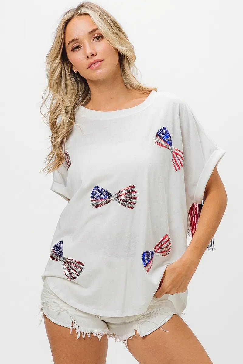 BiBi American Flag Sequin Ribbon T-Shirt - Bitsy Gypsy Boutique