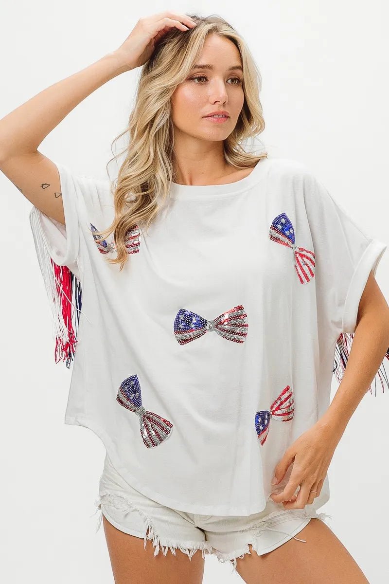 BiBi American Flag Sequin Ribbon T-Shirt - Bitsy Gypsy Boutique