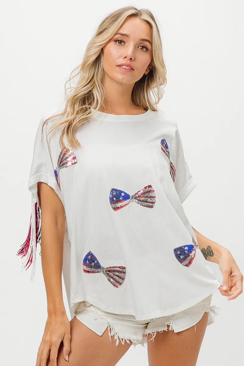 BiBi American Flag Sequin Ribbon T-Shirt - Bitsy Gypsy Boutique