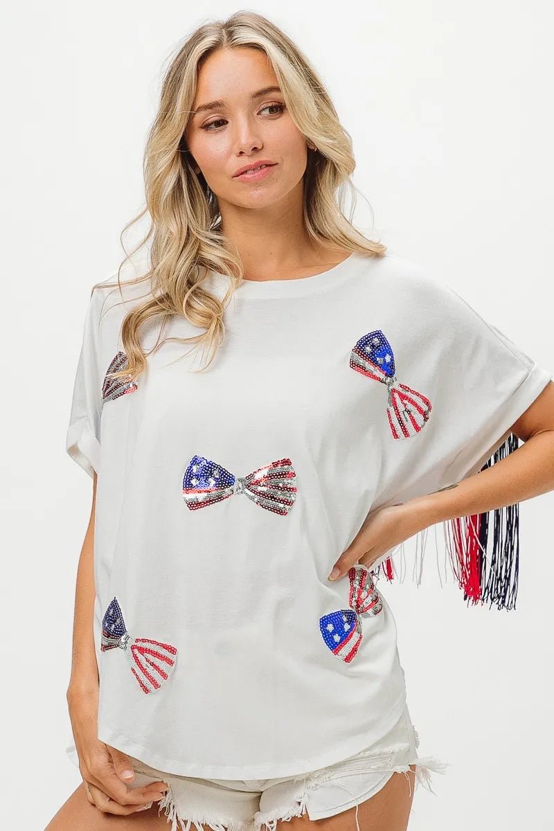 BiBi American Flag Sequin Ribbon T-Shirt - Bitsy Gypsy Boutique