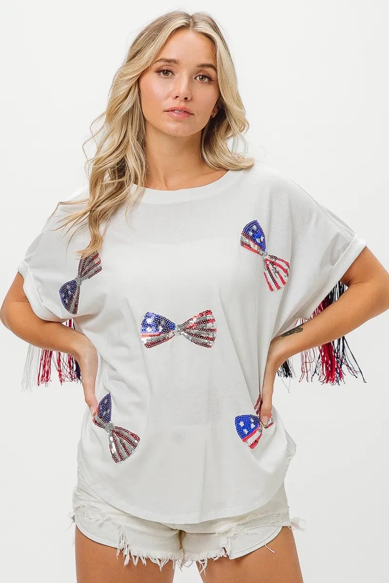 BiBi American Flag Sequin Ribbon T-Shirt - Bitsy Gypsy Boutique