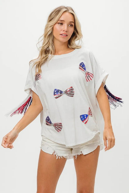 BiBi American Flag Sequin Ribbon T-Shirt - Bitsy Gypsy Boutique
