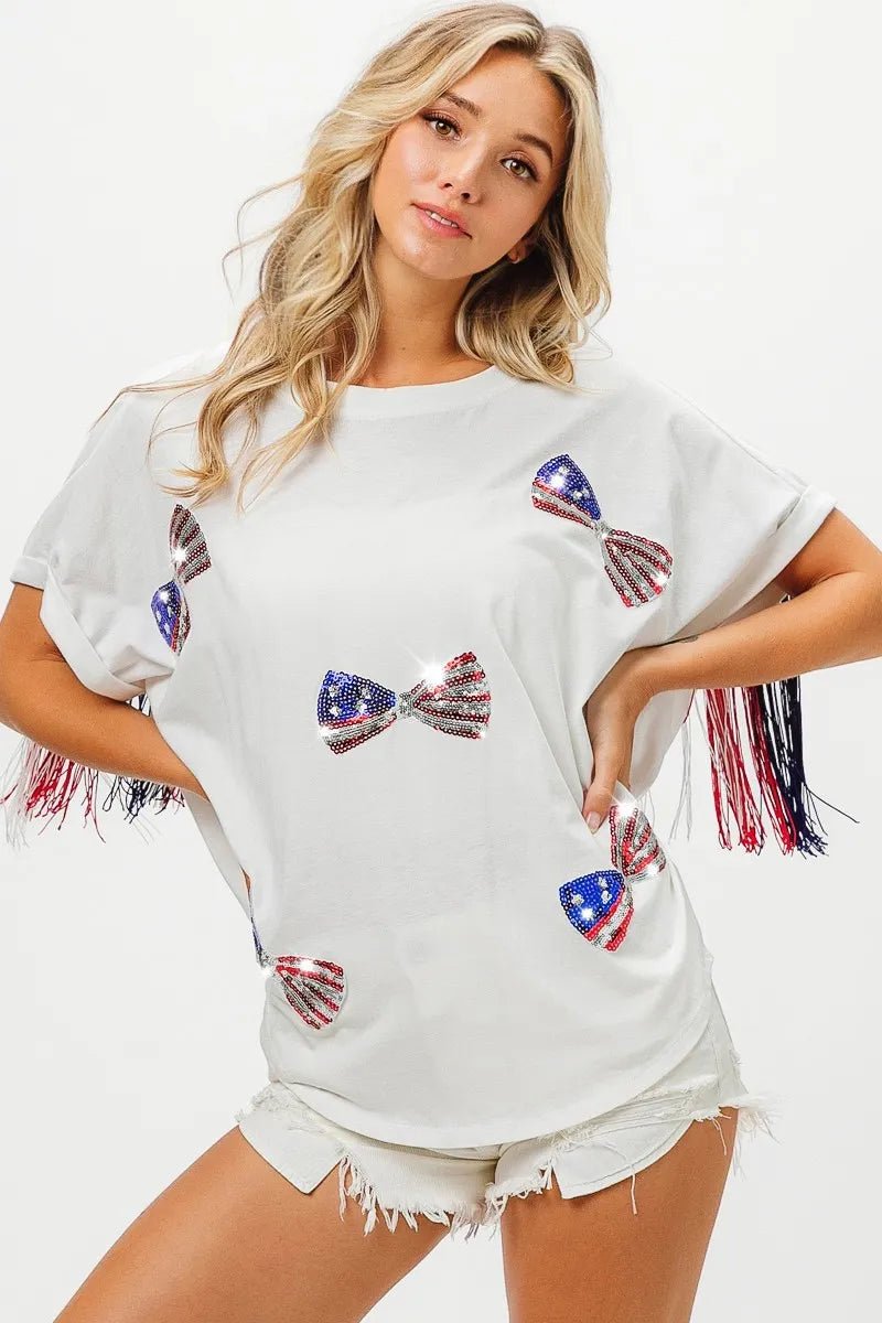 BiBi American Flag Sequin Ribbon T-Shirt - Bitsy Gypsy Boutique