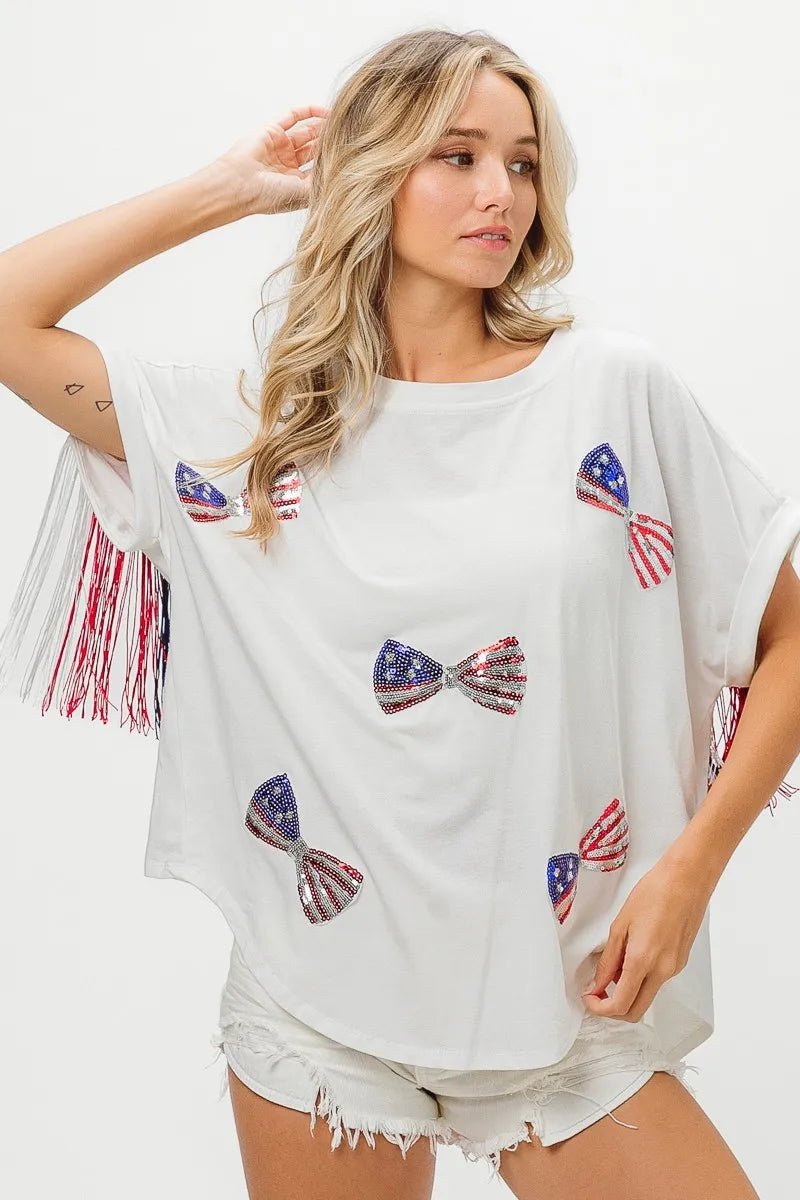BiBi American Flag Sequin Ribbon T-Shirt - Bitsy Gypsy Boutique