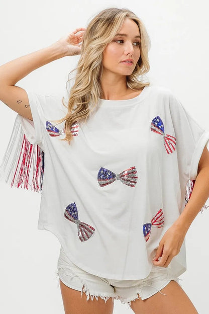 BiBi American Flag Sequin Ribbon T-Shirt - Bitsy Gypsy Boutique