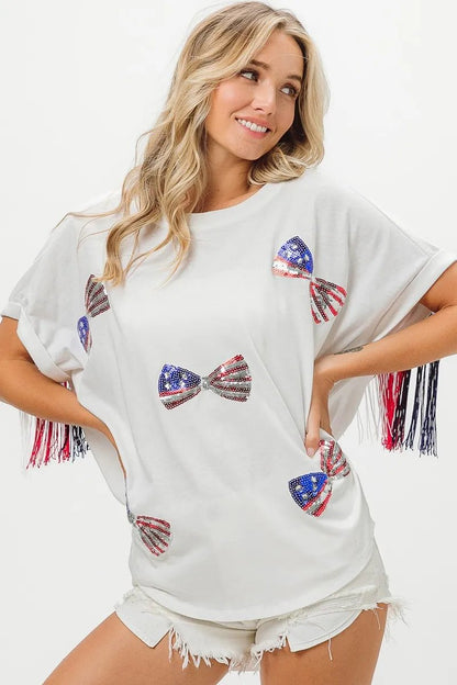 BiBi American Flag Sequin Ribbon T-Shirt - Bitsy Gypsy Boutique