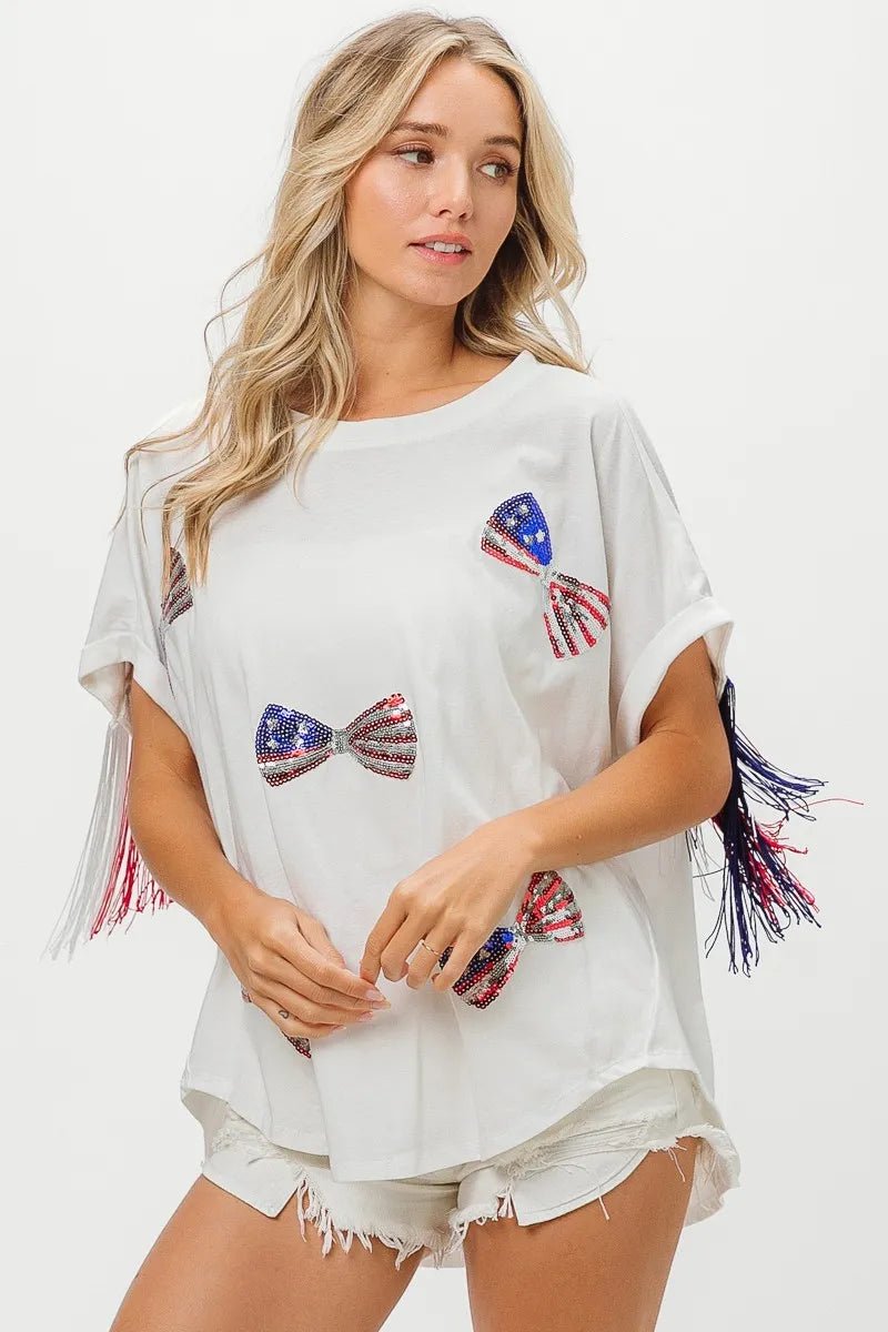 BiBi American Flag Sequin Ribbon T-Shirt - Bitsy Gypsy Boutique