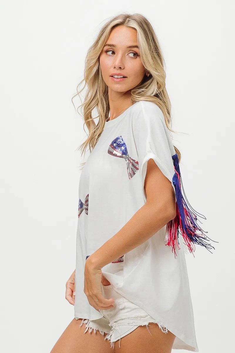 BiBi American Flag Sequin Ribbon T-Shirt - Bitsy Gypsy Boutique