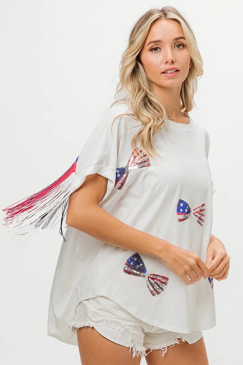 BiBi American Flag Sequin Ribbon T-Shirt - Bitsy Gypsy Boutique
