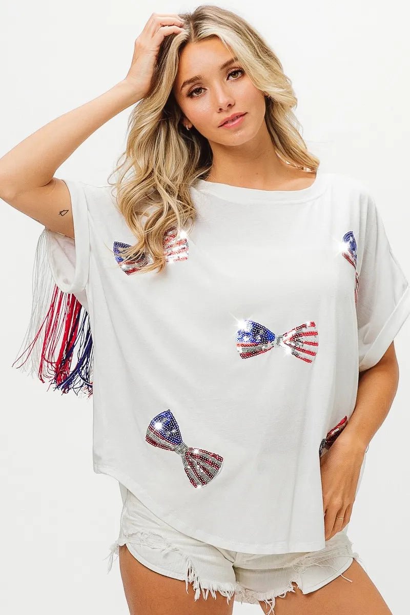 BiBi American Flag Sequin Ribbon T-Shirt - Bitsy Gypsy Boutique
