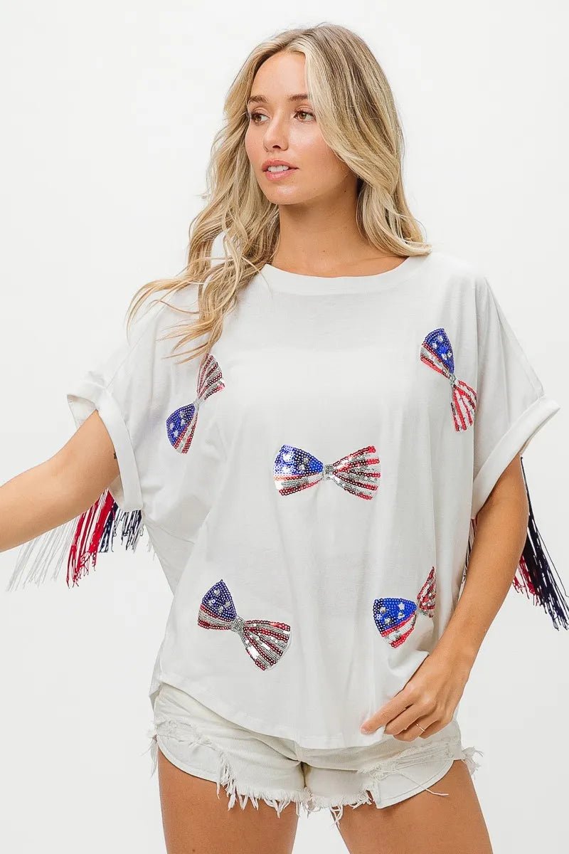 BiBi American Flag Sequin Ribbon T-Shirt - Bitsy Gypsy Boutique