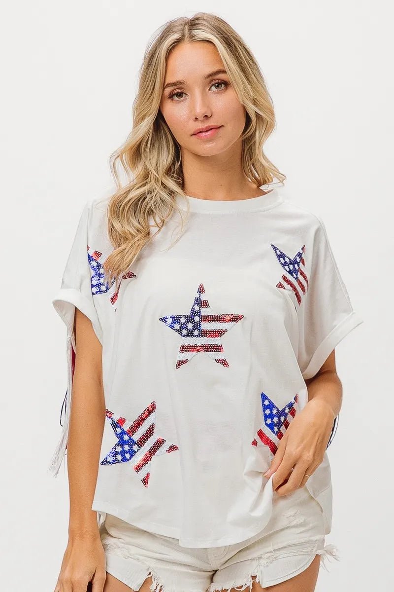 BiBi American Flag Sequin Star Fringe Top - Bitsy Gypsy Boutique