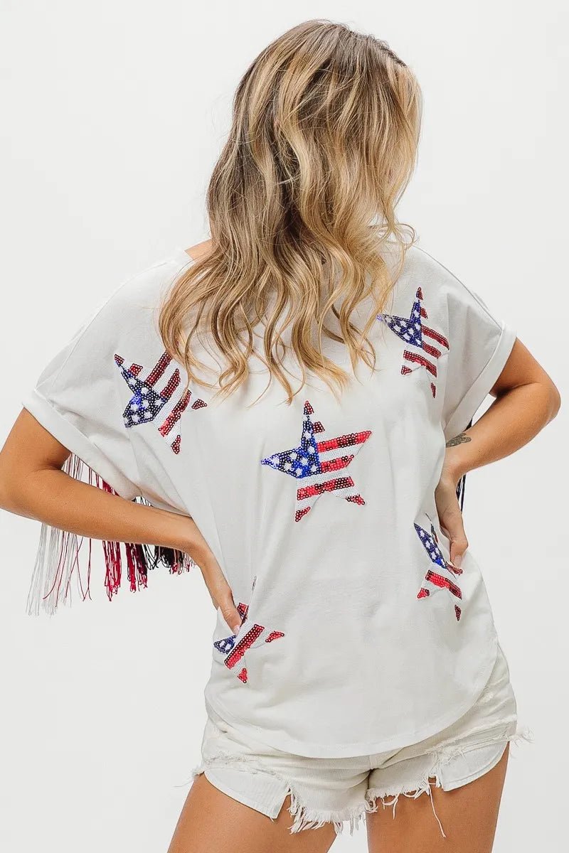 BiBi American Flag Sequin Star Fringe Top - Bitsy Gypsy Boutique