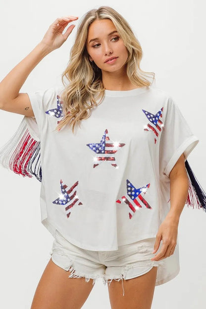 BiBi American Flag Sequin Star Fringe Top - Bitsy Gypsy Boutique