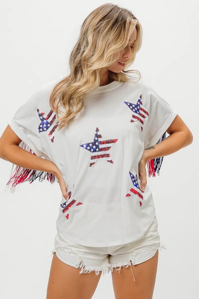 BiBi American Flag Sequin Star Fringe Top - Bitsy Gypsy Boutique