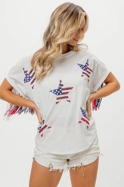 BiBi American Flag Sequin Star Fringe Top - Bitsy Gypsy Boutique