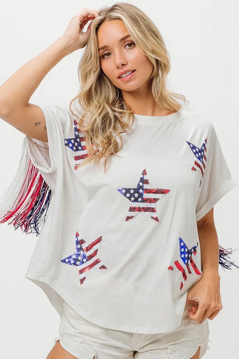 BiBi American Flag Sequin Star Fringe Top - Bitsy Gypsy Boutique